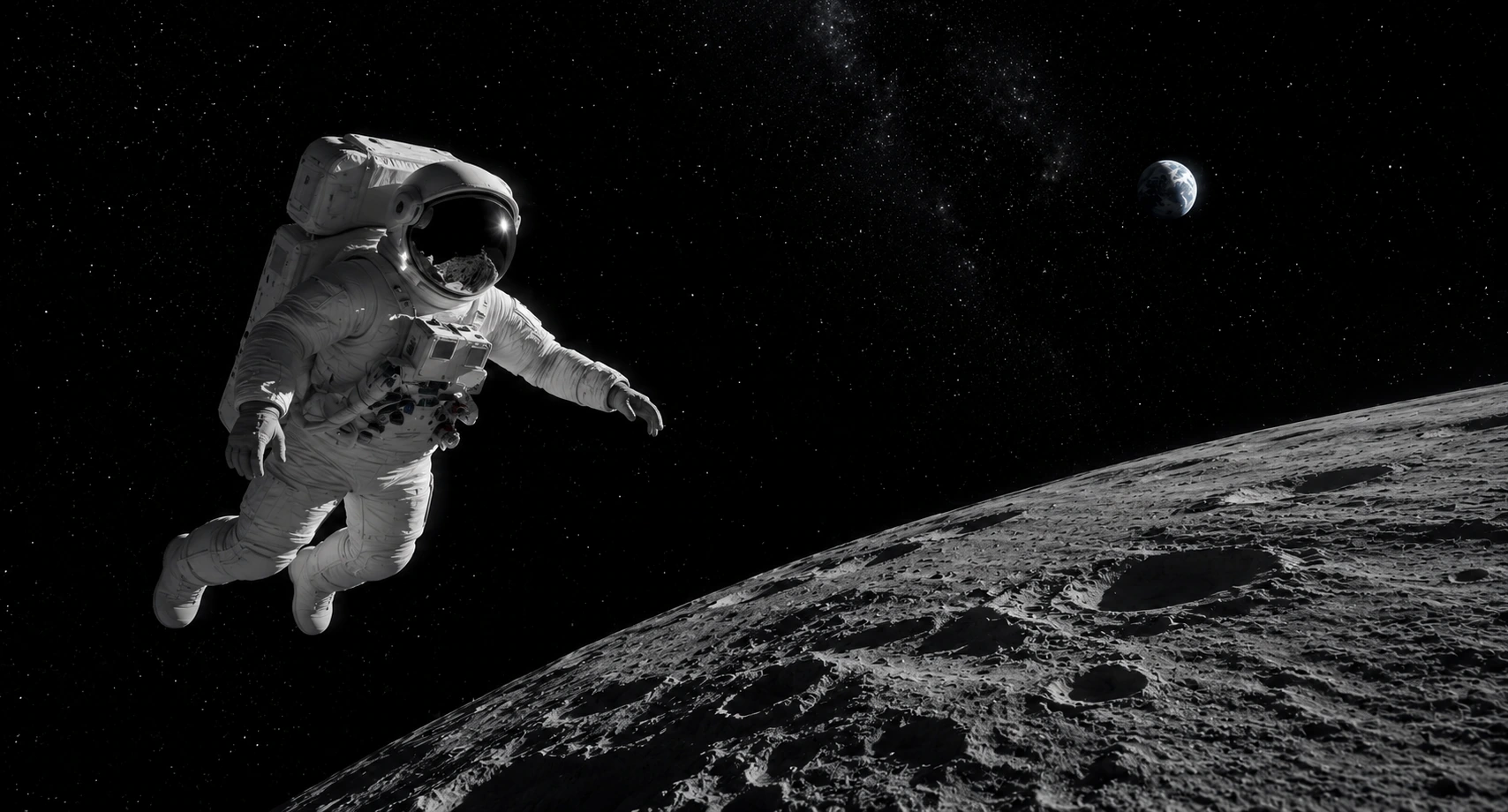 Astronauta sobre a superfície lunar com a Terra ao fundo